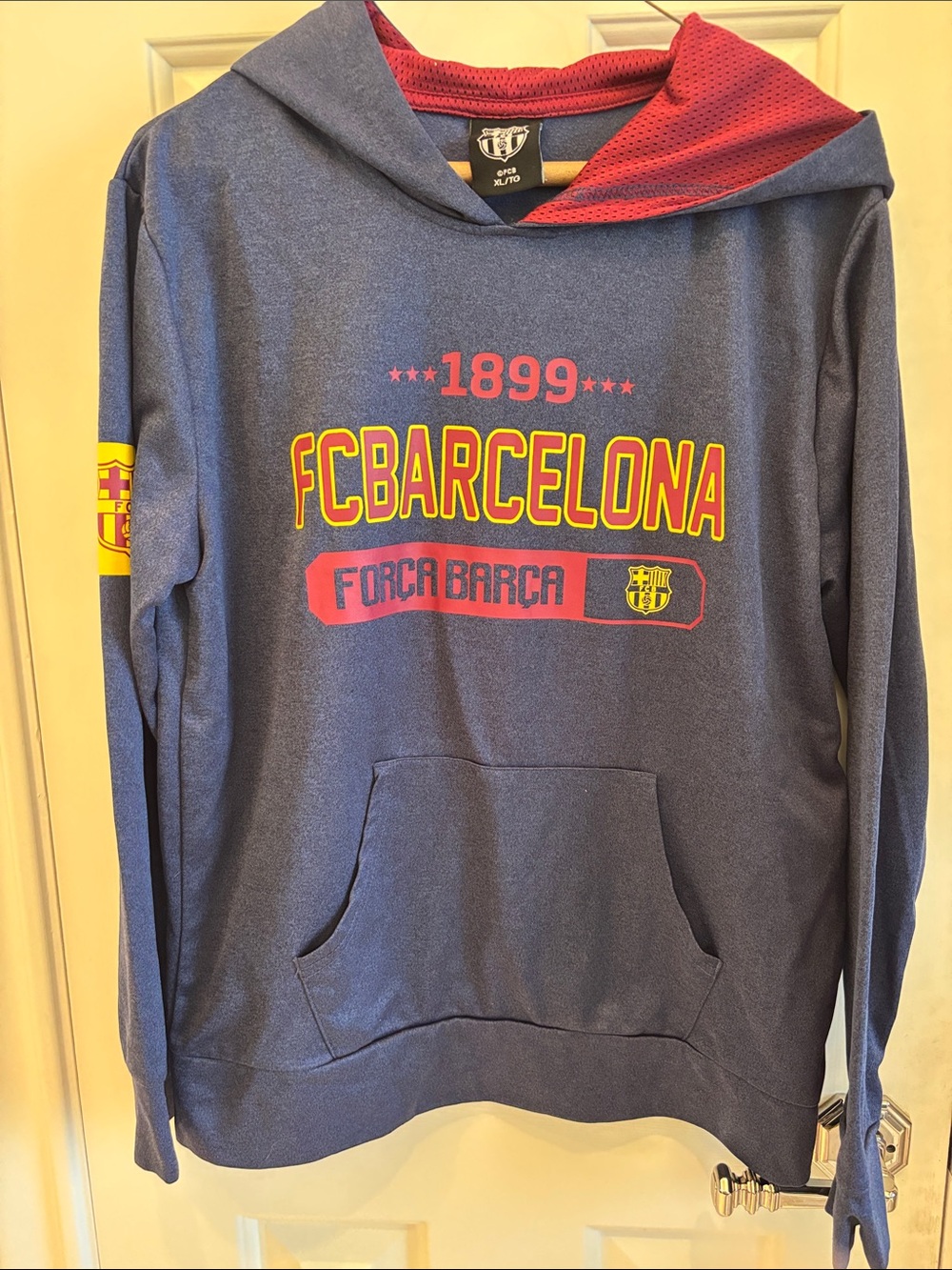 Kids Navy Blue FC Barcelona Pullover Hoodie with Red Accents
